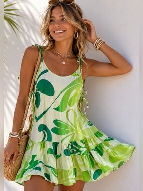 Green Hawaiian Tie Tank Ruffle Mini Dress